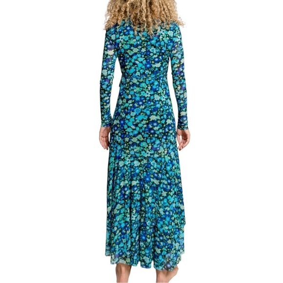 GANNI Floral Print Stretch Mesh Long Sleeve Maxi Wrap Dress - Picture 2 of 13